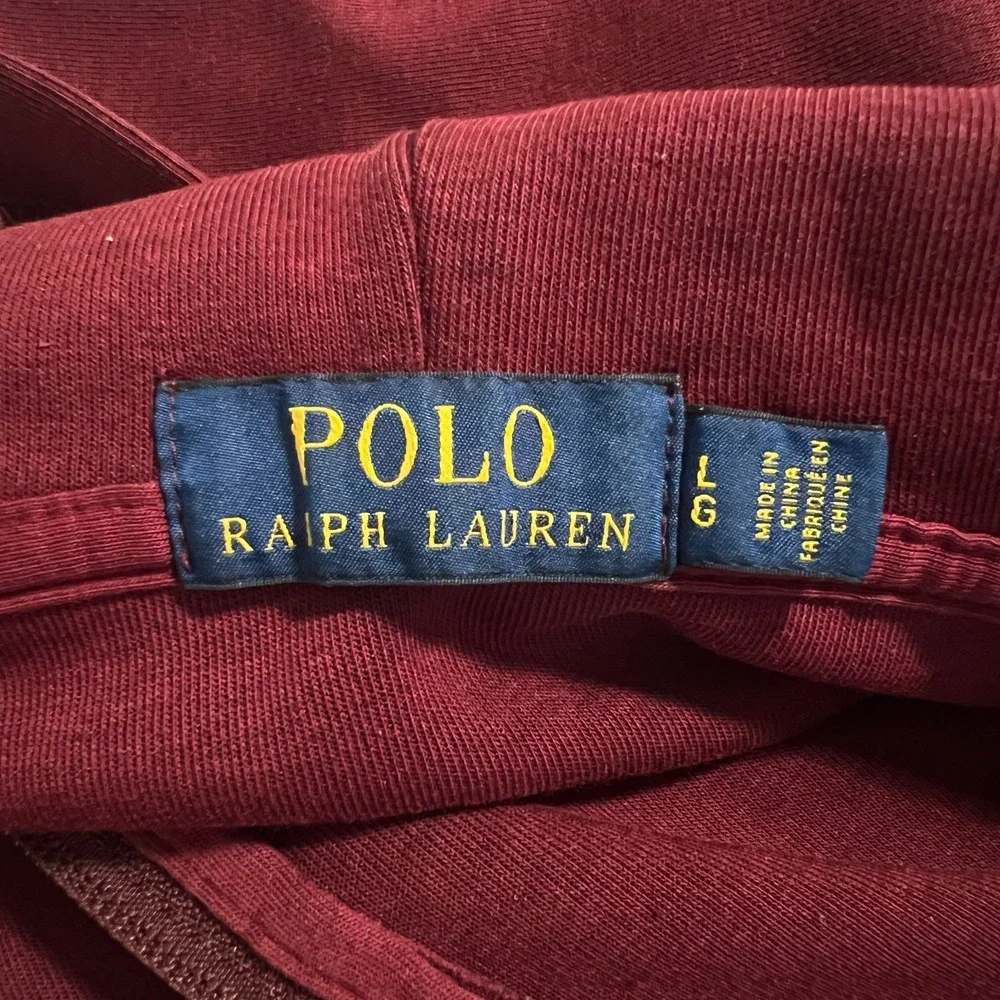 Polo Ralph Lauren Burgundy Red Hoodie Mens Large Full Zip Sweatshirt Black Pony